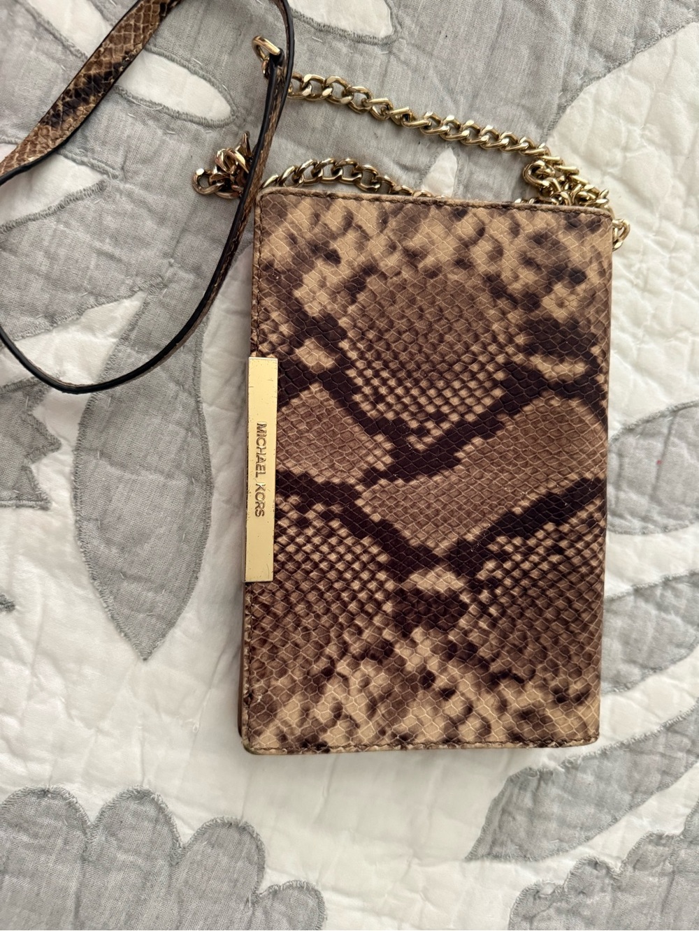 Michael Kors Tan and Dark Brown Snake-Print Crossbody with Gold Chain